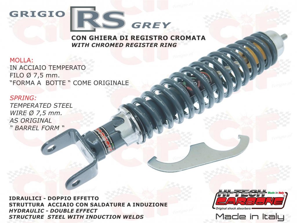 Rear shock absorber sport version adjustable GRAY RS for Vespa 50/90/125/150/160/180/200 NLR-Special-Primavera- GT-GTR-Sprint-Rally-PX-PE 